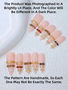 10pcs Y2K Nails Stiletto Press On Nails Set - Handcrafted, Pink Nails, Handmade 3D Gold Ring & Leopard Print Ring And Rhinestone Ring Design, Sparkling Gold Rhinestone & Gold Love Pattern Accents - Nhiều màu - Xem 4