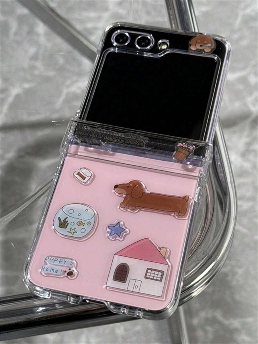 可爱DIY卡通猫腊肠犬简约插画果冻环氧树脂贴纸透明手机壳,兼容三星Galaxy Z Flip7 Flip6 Flip5 Z Flip 4 3,可爱动物图案折叠后盖 - 狗 - 查看 1