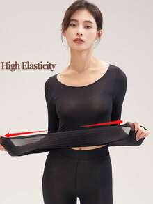 2件装女士无缝黑色上衣，超薄纯色保暖内衣，舒适长袖圆领无缝打底衫，修身高弹米色打底衫，透明上衣，休闲纯色轻薄保暖，适合秋冬季节，轻薄基础打底衫，时尚日常穿着，内衣睡衣 - 彩色 - 查看 4