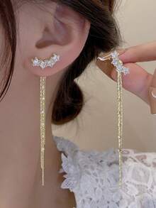 1 Pair Sparkling Star Tassel Earrings, Luxury Fully Paved Long Earrings For Women, Shiny Party & Evening Fairy Style Accessory