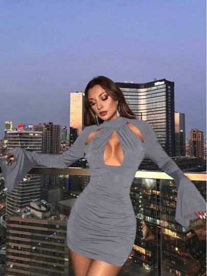 Plain Gray Cut Out High Stretch Knitted Bodycon Dress For Women Long Sleeve Regular Sleeve Knee Length Elegant Style