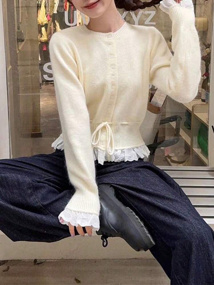 빈티지 스위트 & 젠틀 크리스마스 드로스트링 크루넥 니트 가디건 - 베이지 - 보기 4