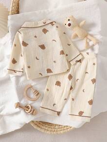2pcs Newborn Baby Cute Bear Cotton Crepe Collar Long Sleeve Top And Bear Crepe Pants Set - Apricot - View 3