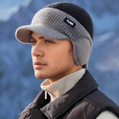 1 pieza Gorro de protección de oídos tejido para hombres/Gorro de color contrastante, estilo de bloques de color, con orejeras y visera, 100% tejido acrílico, lavable, gorro cálido adecuado para actividades al aire libre