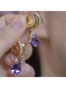 Korean Style Ultra Shiny Geometric Square Crystal Inlaid Diamond Earrings Elegant Fashionable Light Luxury High-End Exquisite Ear Jewelry - N2091A1 [Water Drop] Purple - View 5