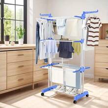 Foldable 3-Tier Drying Rack With Wheels, Large Capacity Laundry Rack, Home Storage Helper - Blue and White - View 5