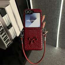 Luxury Burgundy Crocodile Texture 3D Bow Phone Case With Portable Lanyard, Compatible With Samsung Galaxy Z Flip 5/6/Z Flip 6/ZFlip 7, Shockproof Back Cover - 酒紅色 - 查看 4