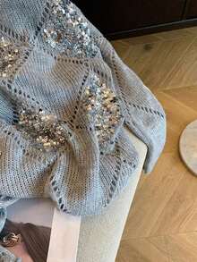 EAVA 女士复古高端慵懒风亮片镂空针织套头毛衣，老钱风格，休闲宽松版型，亮片