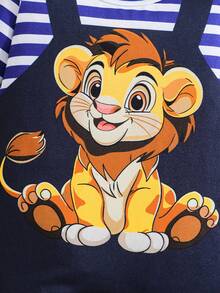 1pc Infant Boys' Lion Print Navy Blue Striped Cute Elegant Minimalist Long Sleeve Footed Jumpsuit, All Season - Navy Blue - View 7