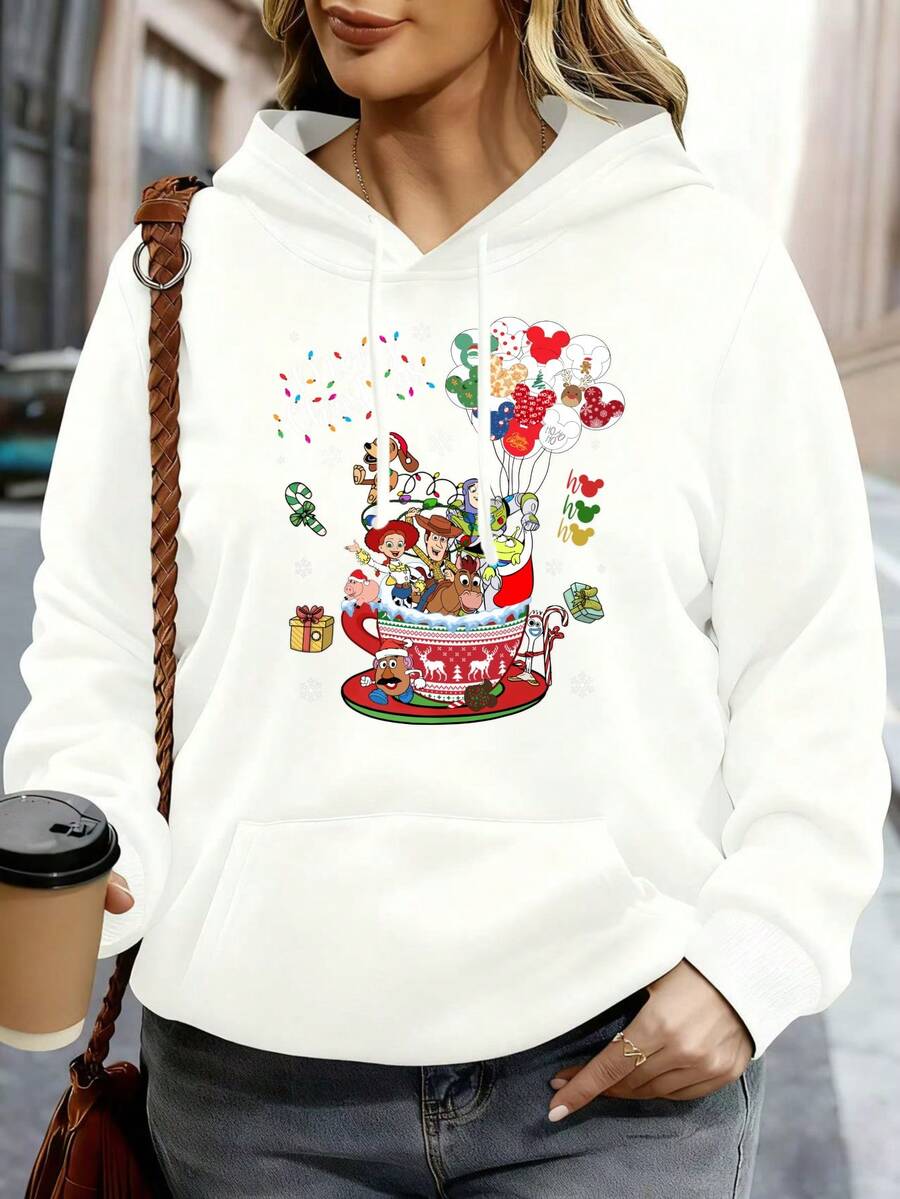 Disney Women Hoodie White Mickey Mouse Christmas Cup Print Holiday Party Casual Wear - White - View 1