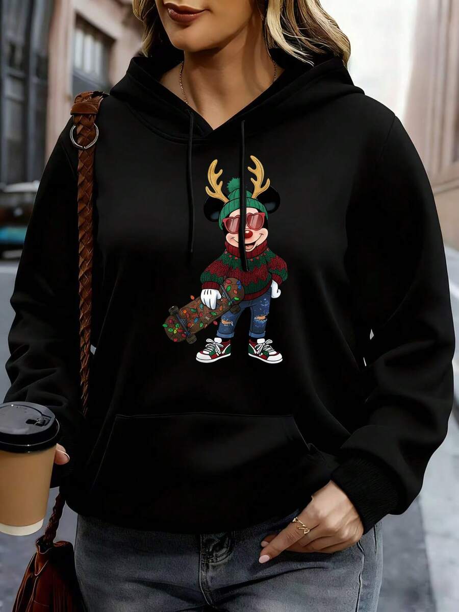 Disney Hoodie White Mickey Mouse Christmas Reindeer Print Casual Wear For Women Winter Outfit - 黑色 - 查看 1