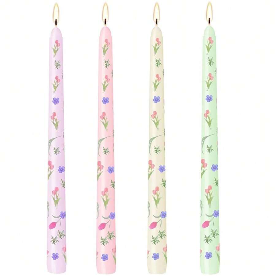 10 Inch Print Taper Candles Set Of 4 Unscented Less Long Tall Cone Candle For Mother's Day Beach-Themed Decor Relaxation And Meditation{Inchcolor_nameinch:InchTulipsinch,Inchsize_nameinch:Inch10Inch-4Countinch} - Tulips - 查看 1
