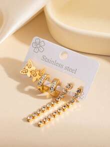 Set de 3 pares de pendientes de acero inoxidable con flecos y circonita cúbica dorada, pendientes de mujer con diseño de flor y corazón brillantes, adecuados para uso diario, banquetes, bodas y fiestas