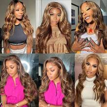 Highlight Brown With Honey Blonde Body Wave Long Human Blended Hair Wig 13X4 HD Invisible Lace Frontal Wig With Invisible Bleached Knots For Woman #4/27 Ombre Colored Long Hair Wig Pre Plucked 32 Inch - S4/27 - View 9