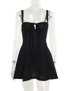 WOWDARK Women Summer Solid Color Tie Strap Slip Dress - Black - View 2