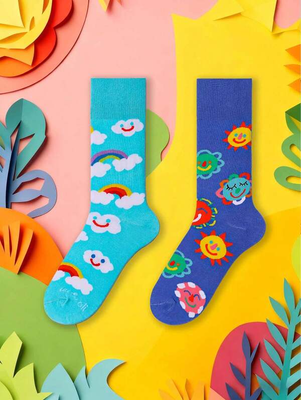 1 Coppia Di Calzini Carini A Tema Naturale Per Adulti In Morbido Cotone, Perfetti Per Outfit Primaverili/Estivi, Calzini Equipaggio Comodi Per Uso Quotidiano, Sport E Feste In Primavera, Estate E Autunno