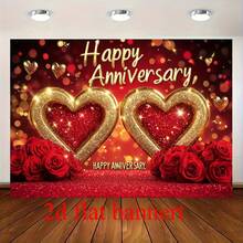 2D平面浪漫心形设计涤纶材质周年纪念派对背景横幅 - 无需用电,适用于情人节、生日、复活节、感恩节、新年庆祝活动、周年纪念背景,红色背景 - 彩色 - 查看 6