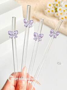 1/2/4/5/6/8Pcs Cute Cartoon Glass Straws With Pink Hert Charms,For Water Cup,Shatter Resistant And Reusable Clear Glass Drinking Straws With Cleaning Brushes, For Cold Drinks, Milk Tea, Coffee, Juice, Smoothies, Kitchens, Restaurants, Cocktail Parties, Back-To-School, Girlfriends/Boyfriends, Parents, Friends, Holiday Supplies,New Year, Valentine's Day.