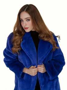 FHILLINUO Manteau en fausse fourrure bleu royal pour femmes, manches longues, col châle, longueur cuisse, avec poches, tissu non extensible, chaud pour l'hiver, convient pour Noël, le Nouvel An et d'autres occasions - bleu indigo - Voir 7