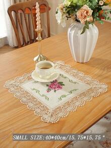 聚酯纖維亞麻天然桌旗，粉色玫瑰十字繡刺繡，雙面波浪鏤空鉤編蕾絲飾邊，復古植物風餐桌茶桌布，婚禮鄉村風居家廚房裝飾 - 彩色 - 查看 7