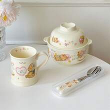 1 Set Of Cute And Heartwarming Thanksgiving Bear Patterned Exquisite Ceramic Covered Bowls With Lids, Forks And Spoons, Plus A Mug Set. Perfect For Solo Dining And Comforting Instant Noodle Dinners. Ideal As A Gift For Friends, Family, And Children. Great For Thanksgiving, Halloween.