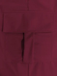 大码女式时尚休闲纯色简约口袋松紧腰抽绳工装裤，轻盈弹力涤纶面料