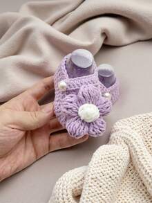 1 Pair Handmade Daisy Pattern Infant Shoes, Crochet Knitted, Newborn Footwear - Mauve Purple - View 2