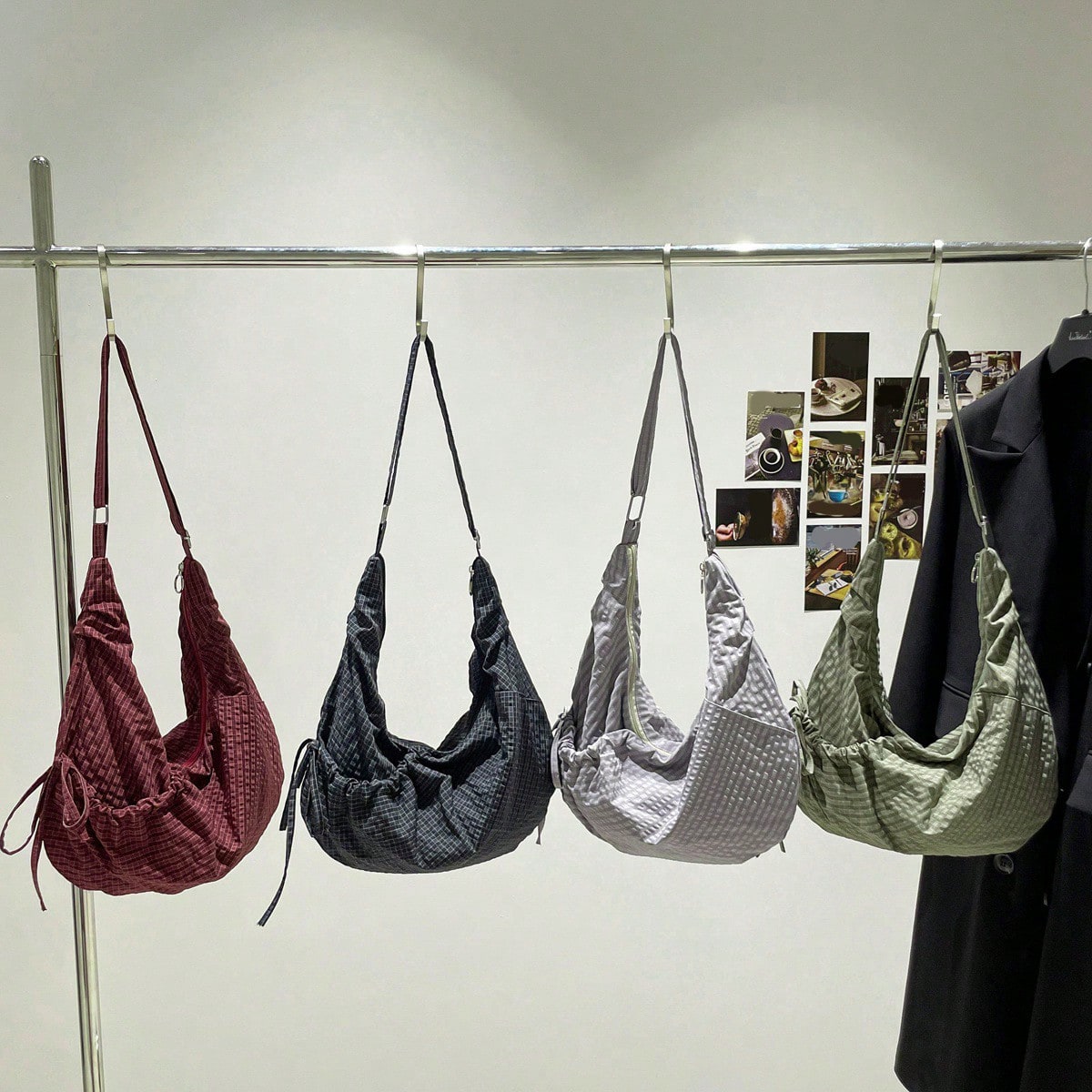 Bolso de hombro estilo japonés a cuadros, bolso cruzado de moda con pliegues y lazo, cierre con cremallera, bolso plegable de tela ligero adecuado pa