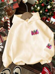 Sweat-shirt en polaire imprimé sapin de Noël, haut doux, idéal pour l'automne/hiver, les fêtes de Noël, le style streetwear, haut à la mode pour enfants automne/hiver