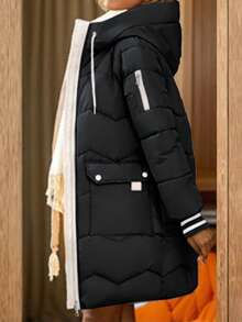 女士黑米色撞色羽绒服,休闲风格,带帽带口袋,保暖冬季必备,适合日常穿着和圣诞节穿着,宽松绗缝外套 - 黑色 - 查看 3