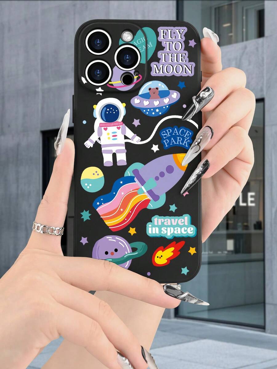 Lujo Ligero, Estilo y Belleza"Viaje al Espacio"Funda de Teléfono de Textura Mate Negra, Compatible con 17PROMAX, 17PRO, 17Air, 17, 16PROMAX, 16PRO, 15PROMAX, 15PRO y Todos los Modelos, Impre - Negro - Ver 1