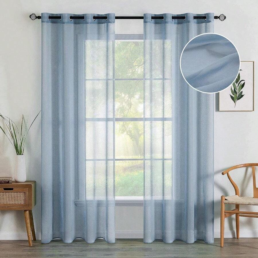CurtainsMIULEE 2 paneles de cortinas semitransparentes de color azul polvoriento de 84 pulgadas de largo elegantes ojales en la parte superior cortinas de gasa/tratamiento de lino texturizado paraCurtains - AzulOscuro - Ver 1