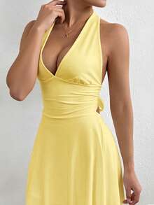 Women's Summer Tank Dress Sleeveless Open Back Halter Neck Solid Color Beach Dress - Yellow - View 5