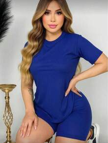 set de 2 piezas short y playera en tela lisa, comodo y fresco - Azul - Ver 2