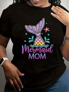 Mermaid Mom T Shirt Mermaid Tail And Stars Design For Women Casual Wear Summer Outfit Mother Day Gift - Black - View 1