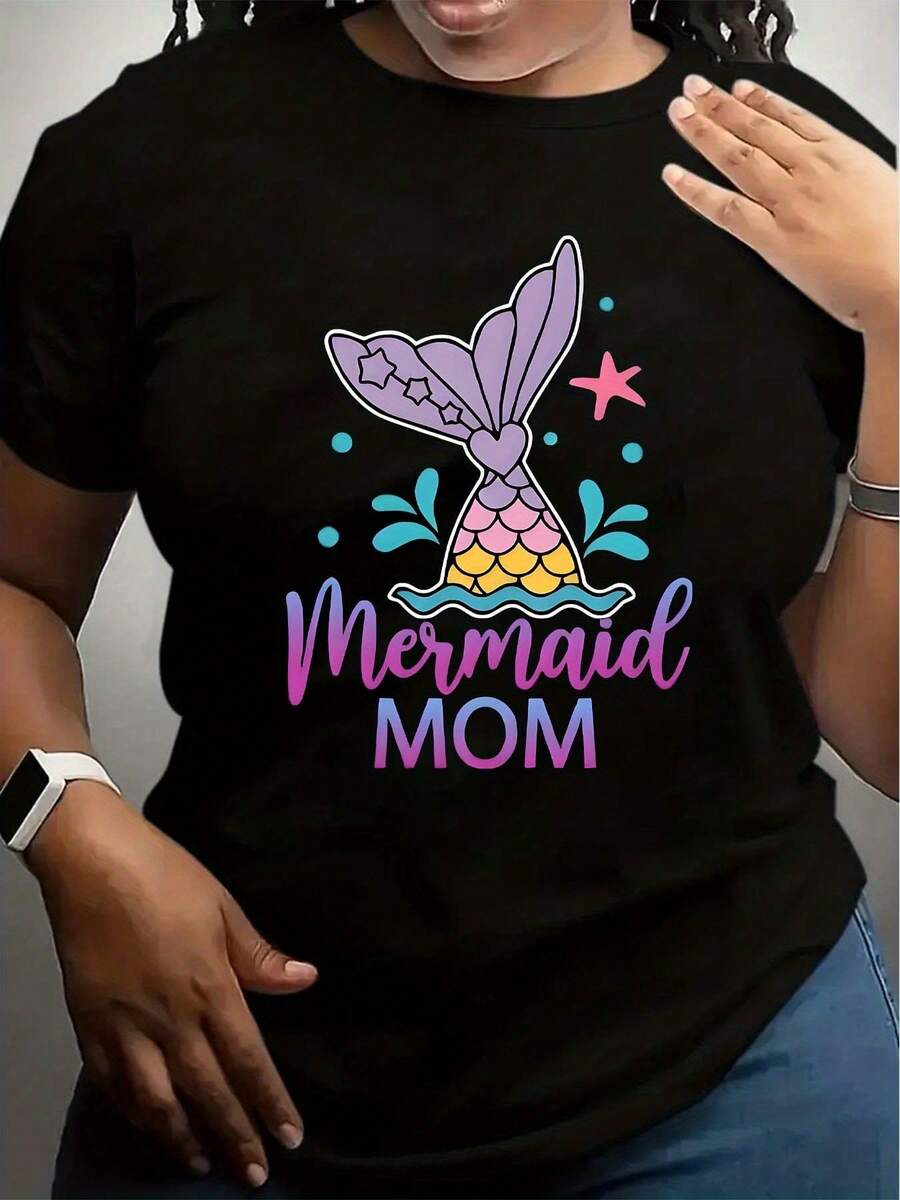Mermaid Mom T Shirt Mermaid Tail And Stars Design For Women Casual Wear Summer Outfit Mother Day Gift - Black - View 1