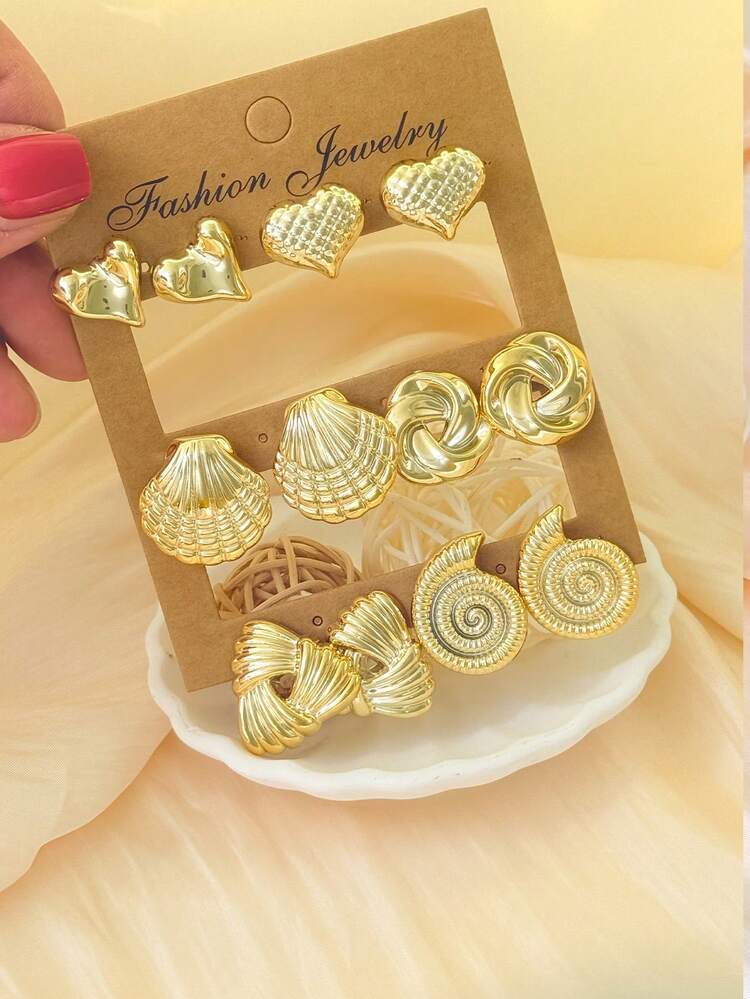Set de 12 pares de aretes en tonos dorados surtidos, versátiles para uso diario, reuniones, regalos y complementos - Amarillo Oro - Añade 3
