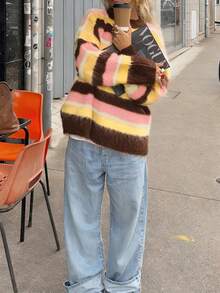 2025秋冬新款时尚小众圆领撞色条纹休闲长袖女式毛衣，羊毛材质 - 淺粉色 - 查看 5