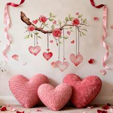 1 Valentine's Day Love-Themed PVC Wall Sticker, Watercolor Style, Pink Rose And Heart Design, Red-Pink Gradient Hanging Branch Shape, Self-Adhesive Removable Wall Decal, Romantic Love Theme Decor, Suitable For Bedroom And Living Room Home Decor - Multicolor - View 2