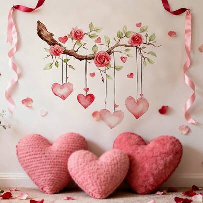 1 Valentine's Day Love-Themed PVC Wall Sticker, Watercolor Style, Pink Rose And Heart Design, Red-Pink Gradient Hanging Branch Shape, Self-Adhesive Removable Wall Decal, Romantic Love Theme Decor, Suitable For Bedroom And Living Room Home Decor