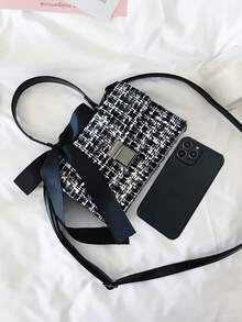 Women's Handbag/Shoulder Bag, Black & White Striped, Fashionable & Elegant Bow Decor Square Flap Closure, Suitable For Women, Girls, College Students