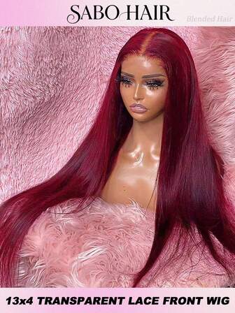 Peluca de cabello humano mezclado de 34 pulgadas de largo, liso, con encaje frontal rojo burdeos. Peluca con encaje frontal HD transparente de 13x4 para mujeres, cabello virgen brasileño, peluca con encaje frontal de 200% de densidad, con línea de nacimiento natural y cabello bebé para uso de mujeres