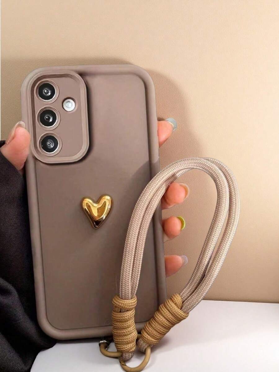 棕色砂紙紋理手機殼,適用於 iPhone 17/17 Air/17 Pro/17 Pro Max、16/15/14/13/12/11 及其他機型,3D 矽膠心形編織掛繩防滑防震保護套(適用於 iPhone 15 Pro/S24/P60)、Apple 12、A16、17、17 Pro Max - 棕色+金心+繩 - 查看 1