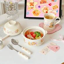 1 Set Of Cute And Heartwarming Thanksgiving Bear Patterned Exquisite Ceramic Covered Bowls With Lids, Forks And Spoons, Plus A Mug Set. Perfect For Solo Dining And Comforting Instant Noodle Dinners. Ideal As A Gift For Friends, Family, And Children. Great For Thanksgiving, Halloween.