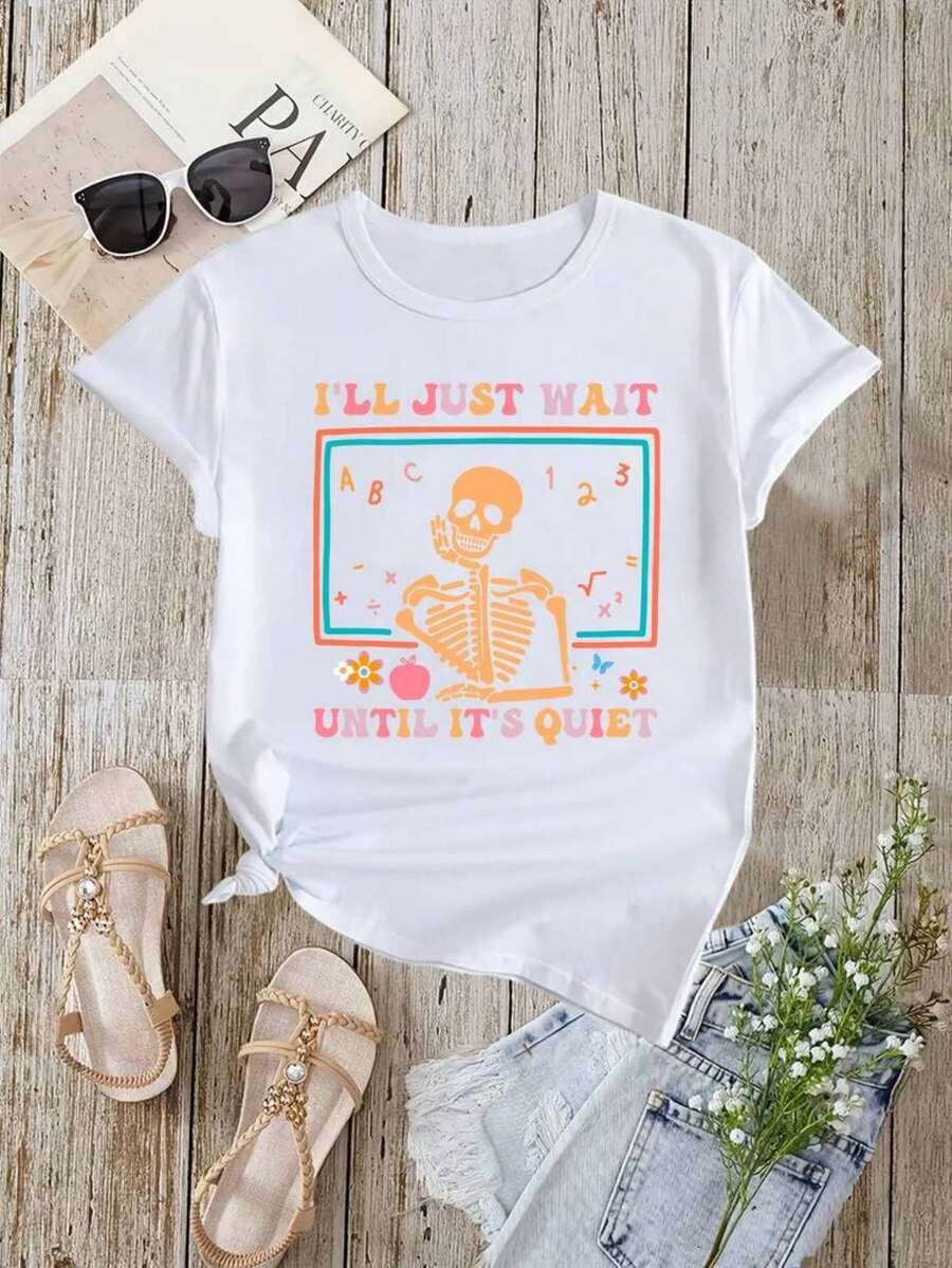 Camiseta 100% algodón elegante de manga corta y cuello redondo para mujer con estampado de caballo y murciélago espeluznante - Top casual suave y ajustado para Halloween, ropa casual, fiestas temáticas - Lavable a máquina, comodidad para todas las estaciones, con diseño gráfico