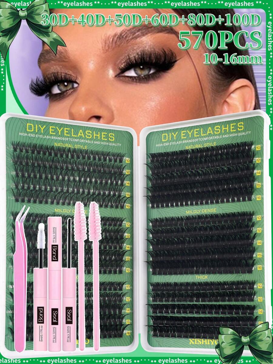 600/570/300/290/270Pcs Lash Extension Kit, DIY Lash Extension Kit, (10-16mm) Individual Lashes Clusters Kit D Curl Eyelash Extension Kit With Bond And Seal And Lash Applicator Tool, Lashes Kit For Daily Use, Party, Travel, Or As A Gift For Your Family And Friends, Lash Clusters, Lash Glue,Colle False Eyelashes Duo,Makeup Lash Clusters Kit,Lashes,Eyelashes,Fake Lashes - 彩色 - 查看 1