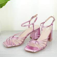 Women's Strappy Sandals Women 2.5-Inch Block Heel Tie Strap Square Toe Casual Comfortable Summer Shoes - 粉色 - 查看 3