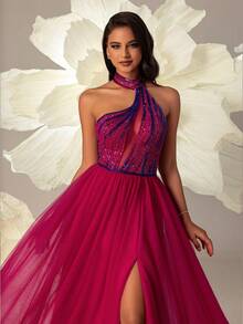 VIPGIRL Halter Neck Tulle Skirt Elegant Women's Evening Gown - Hot Pink - View 5