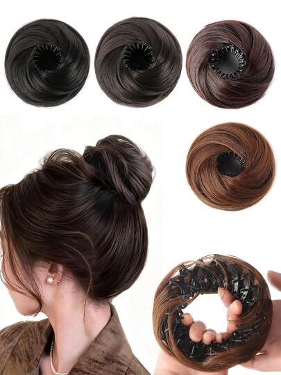 1PC Stretchable Bun & Ponytail Hairpiece Set - Synthetic Updo Chignon With Clip & Elastic Band, High-Temperature Fiber For All Hair Types, Blonde Brown Black Colors For Women's Daily & Party Use