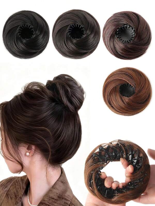 1PC Stretchable Bun & Ponytail Hairpiece Set - Synthetic Updo Chignon With Clip & Elastic Band, High-Temperature Fiber For All Hair Types, Blonde Brown Black Colors For Women's Daily & Party Use